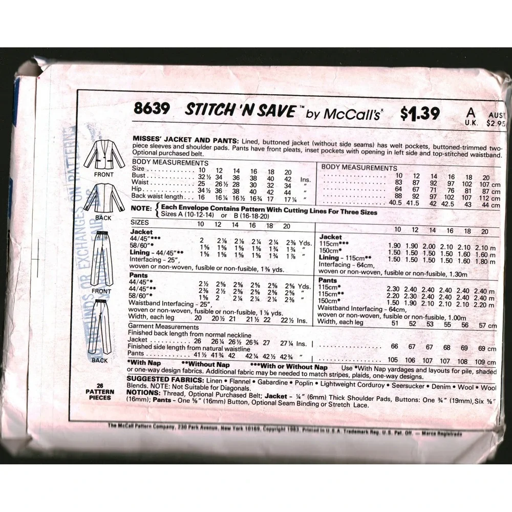 Vintage 1983 McCalls 8639 Stitch N Save Misses Jacket Pants Pattern Sz 10 12 14